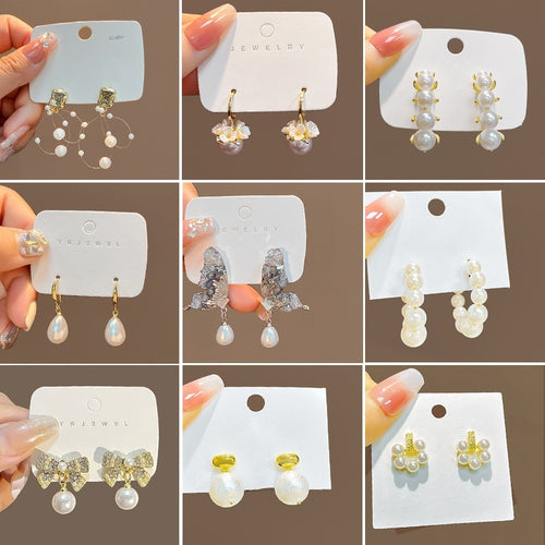 Silver Needle Korean Geometric Pearl Earrings Luxury Butterfly Flower Vintage Pearl Stud Earrings