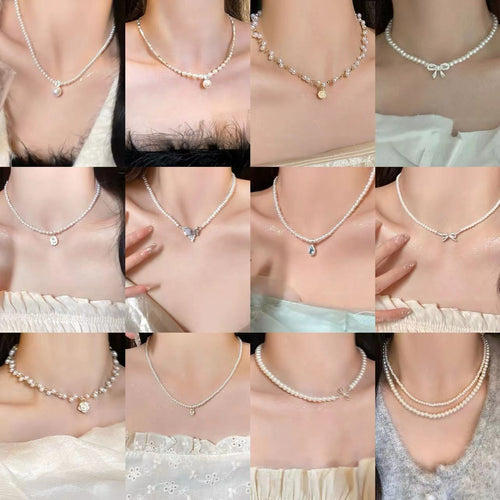 French Vintage Faux Pearl Beaded Flower Bow Necklace Elegant Light Luxury Collarbone Chain