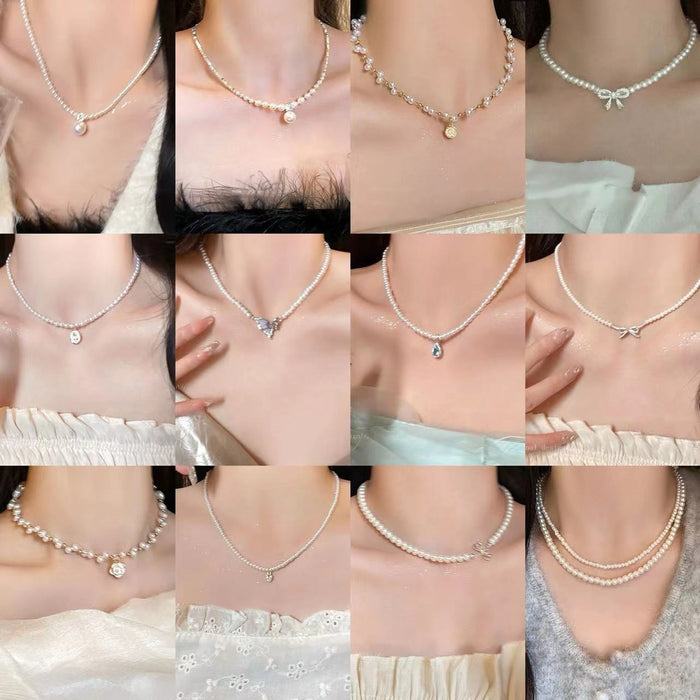 French Vintage Faux Pearl Beaded Flower Bow Necklace Elegant Light Luxury Collarbone Chain