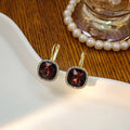 French Vintage Red Square Crystal Rhinestone Gold Alloy Elegant Luxury Leverback Drop Earrings view 3