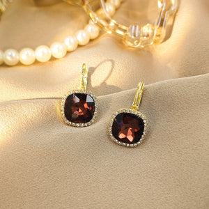 French Vintage Red Square Crystal Rhinestone Gold Alloy Elegant Luxury Leverback Drop Earrings