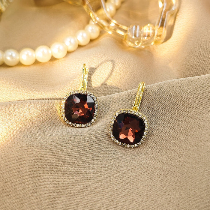 French Vintage Red Square Crystal Rhinestone Gold Alloy Elegant Luxury Leverback Drop Earrings