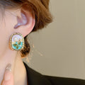 French Vintage Oval Floral Faux Pearl Stud Earrings, Monet Garden Court Style view 3