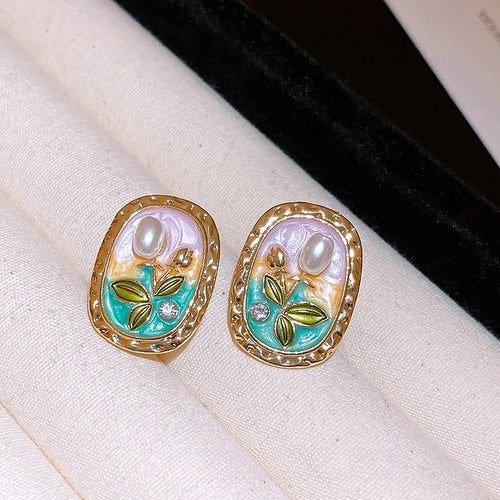 French Vintage Oval Floral Faux Pearl Stud Earrings, Monet Garden Court Style