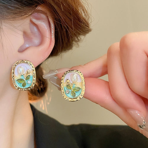 French Vintage Oval Floral Faux Pearl Stud Earrings, Monet Garden Court Style