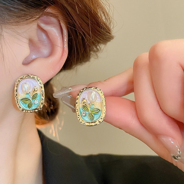 French Vintage Oval Floral Faux Pearl Stud Earrings, Monet Garden Court Style