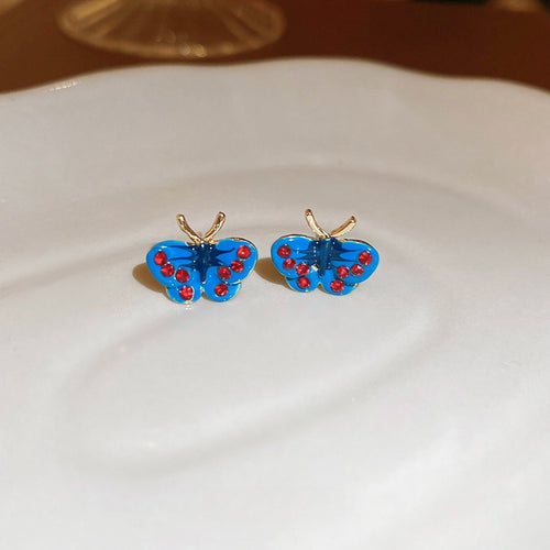 Alloy Butterfly Stud Earrings With Silver Posts Enamel Rhinestone Forest Sweet Design