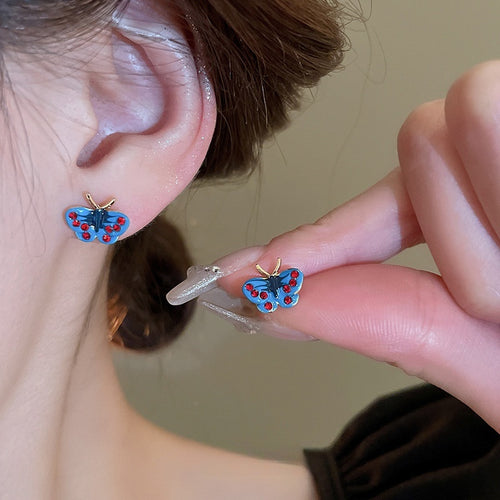 Alloy Butterfly Stud Earrings With Silver Posts Enamel Rhinestone Forest Sweet Design