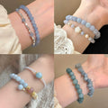 Aquamarine Camellia Beaded Elastic Bangle For Women Floral Pastoral Chinese Style view 2