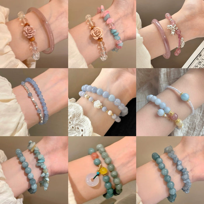 Aquamarine Camellia Beaded Elastic Bangle For Women Floral Pastoral Chinese Style