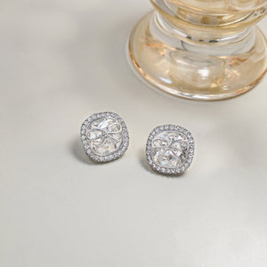 Elegant Silver Needle Square Bowknot Zircon Rhinestone Studs, Korean Minimal Luxury Women's Earrings