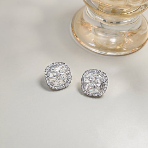 Elegant Silver Needle Square Bowknot Zircon Rhinestone Studs, Korean Minimal Luxury Women's Earrings