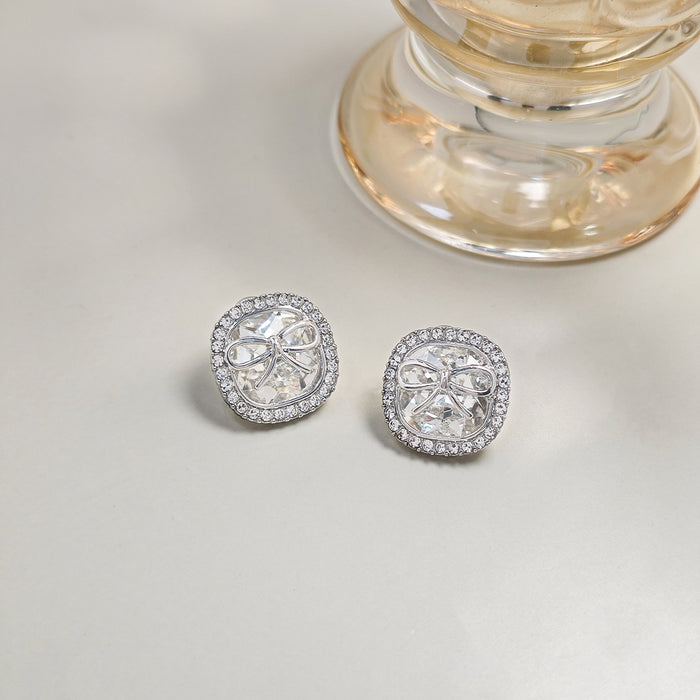 Elegant Silver Needle Square Bowknot Zircon Rhinestone Studs, Korean Minimal Luxury Women's Earrings