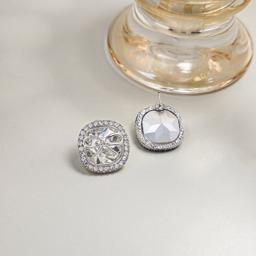 Elegant Silver Needle Square Bowknot Zircon Rhinestone Studs, Korean Minimal Luxury Women's Earrings