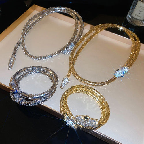 Luxury Alloy Rhinestone Coiled Snake Necklace For Women European Style Collarbone Choker
