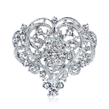 White Silver Tone Heart Crystal Metal Brooch Pin for Jackets and Lapels