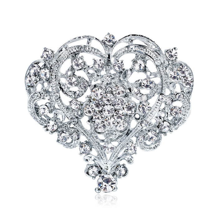White Silver Tone Heart Crystal Metal Brooch Pin for Jackets and Lapels