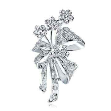 Silver Tone Ribbon Bow Openwork Crystal Metal Brooch Pin