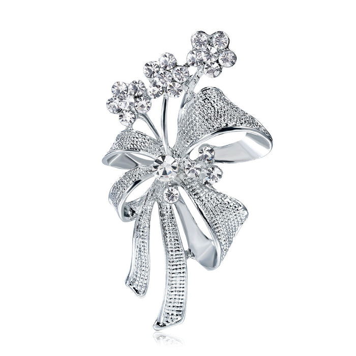 Silver Tone Ribbon Bow Openwork Crystal Metal Brooch Pin