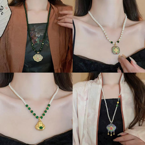 Chinese Style Mixed Material Emerald Ruyi Koi Peace Lock Necklace With Sand Gold Coin Pendant