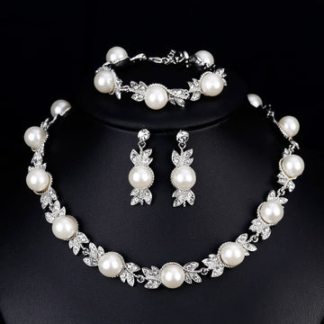 Black Silver Tone Pearl Floral Vine Pearl Look Metal Necklace and Earring Set