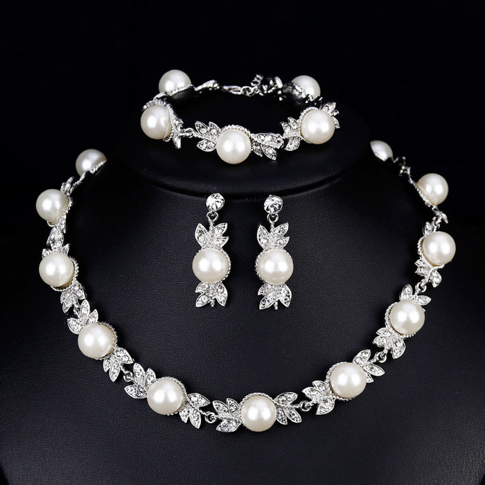 Black Silver Tone Pearl Floral Vine Pearl Look Metal Necklace and Earring Set