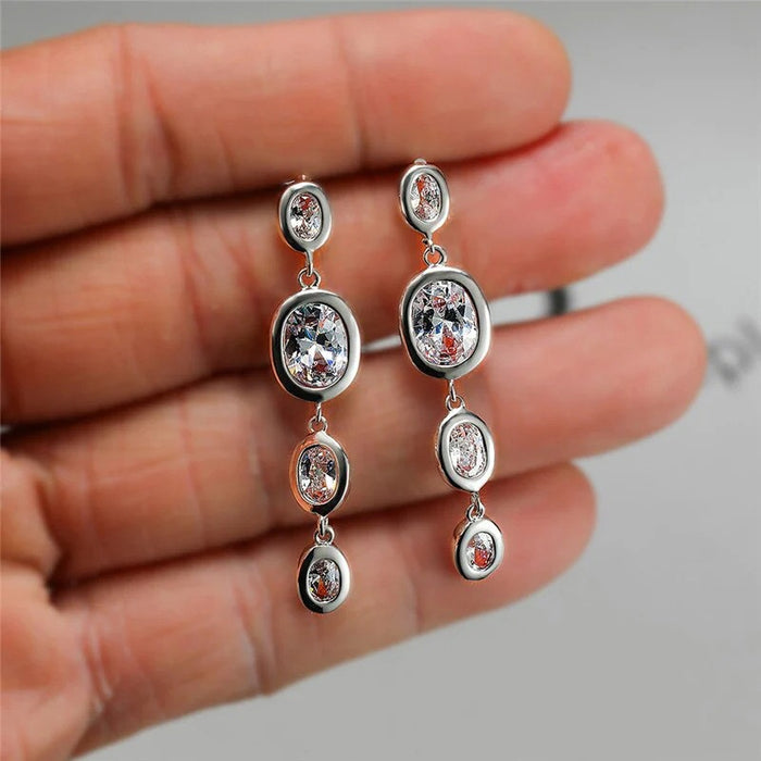 Korean Japanese Oval Geometric Stud Earrings With Zircon Tassel Look Sweet Fresh Women Jewelry
