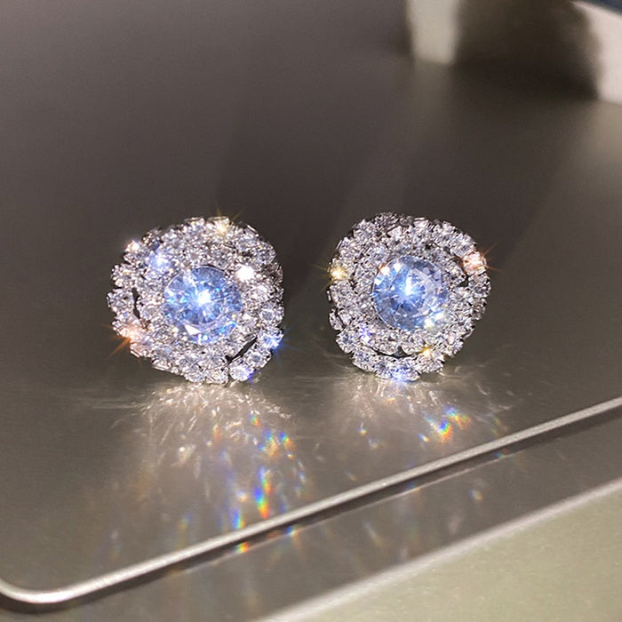 Sparkling Full Rhinestone Flower Stud Earrings For Women Unique Rose Design Luxury Ear Jewelry