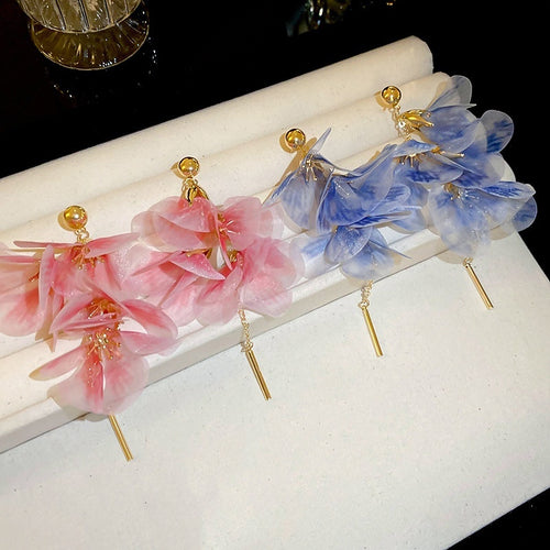 Alloy Flower Mesh Tassel Drop Earrings Korean Sweet Vacation Style Feminine Floral Jewelry