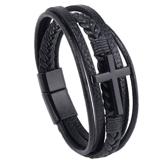 Hot Selling Cross Leather Bracelet For Men Multilayer Handmade Braided PU Bangle With Magnetic Clasp