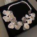 French Style Hollow Metal Flower Pearl Choker Necklace Elegant Statement Collarbone Jewelry view 2