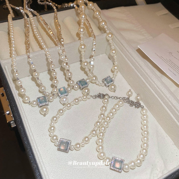 French Gold Plated Faux Pearl Aquamarine Silver Geometric Clavicle Necklace