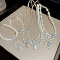 French Gold Plated Faux Pearl Aquamarine Silver Geometric Clavicle Necklace view 2