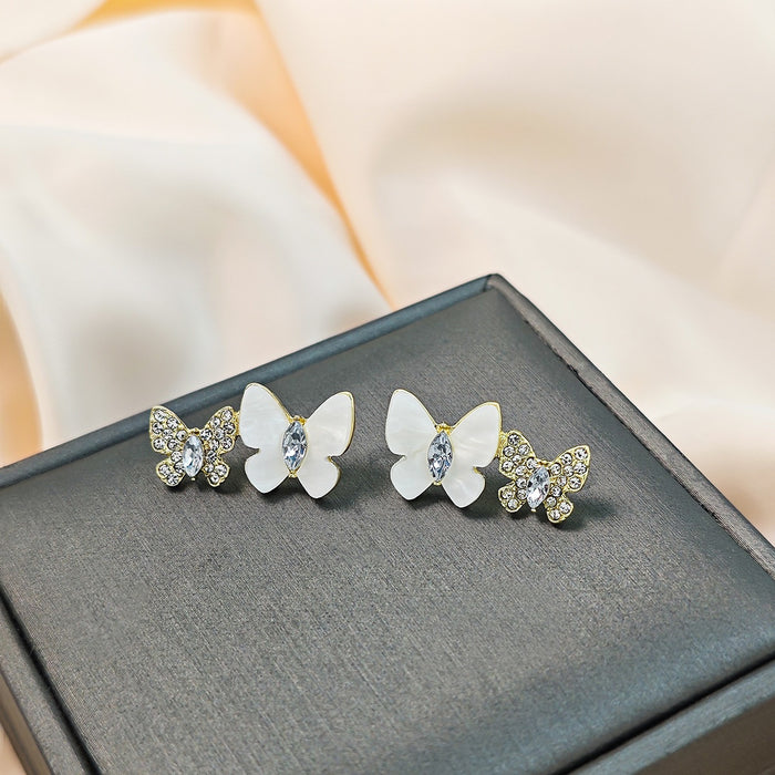 Elegant White Enamel Butterfly Studs With Rhinestone Zircon Inlay Alloy Sweet Commuter Fashion Earrings