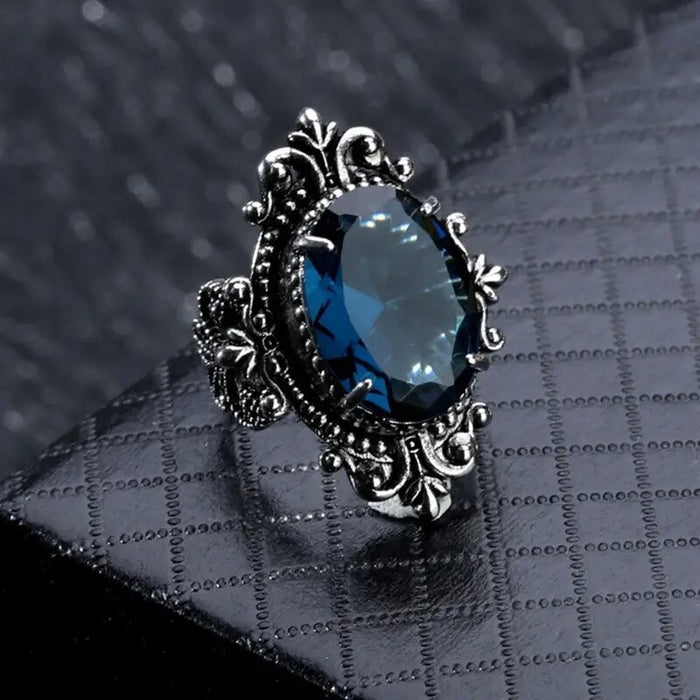European American Royal Style Exaggerated Blue Mirror Ring Vintage Lace Edge Statement Finger Jewelry