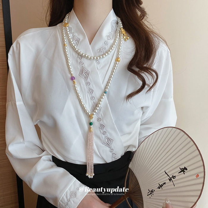 Gold Plated New Chinese Lotus Faux Pearl Multi Layer Body Chain Necklace