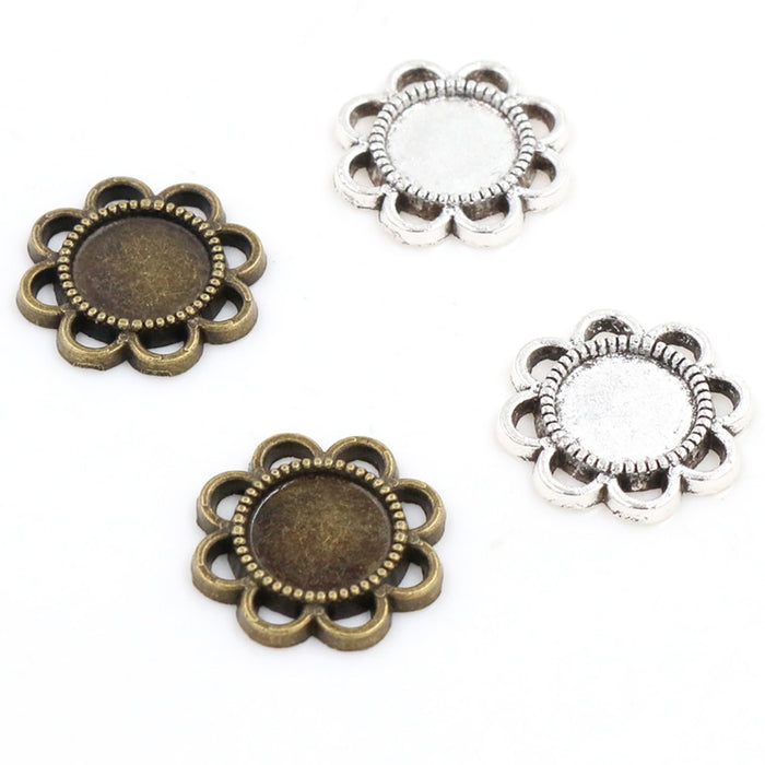 8mm Inner Diameter Flower Shape Alloy Cabochon Tray Settings For DIY Bracelet Pendant Jewelry