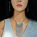 Vintage Bohemian Alloy Turquoise Feather Tassel Drop Jewelry Set Crescent Moon Statement Earrings view 4