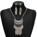 Vintage Bohemian Alloy Turquoise Feather Tassel Drop Jewelry Set Crescent Moon Statement Earrings view 5