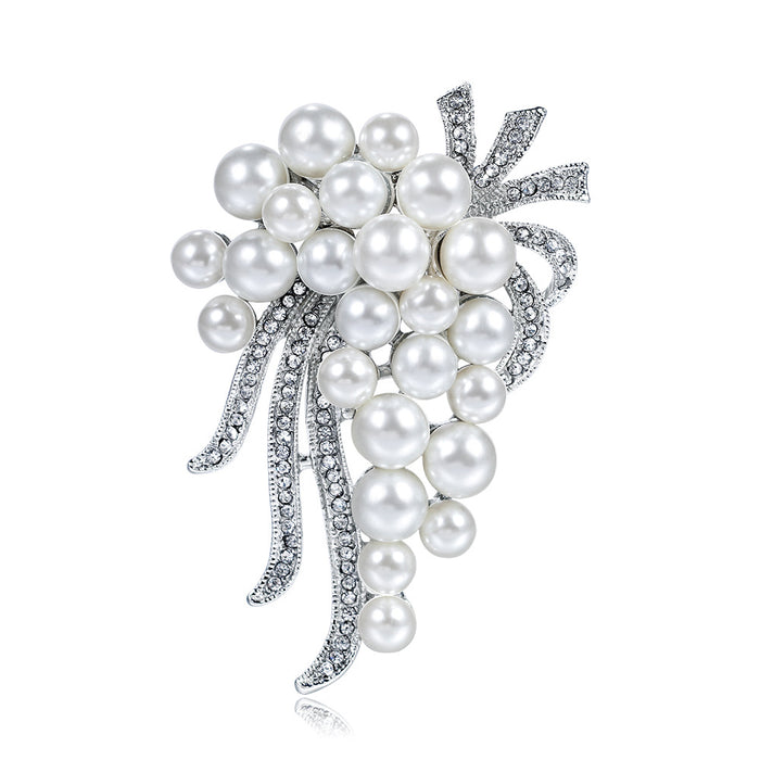 White Silver Tone Floral Bouquet Pearl Look Metal Brooch Pin