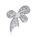 White Silver Tone Ribbon Bow Crystal Pearl Look Metal Brooch Pin view 1