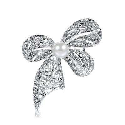 Front product view of the ribbon bow brooch pin in silver