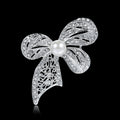 White Silver Tone Ribbon Bow Crystal Pearl Look Metal Brooch Pin view 3