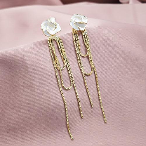 Elegant French Vintage White Enamel Camellia Flower Long Gold Chain Tassel Two-Way Stud Earrings