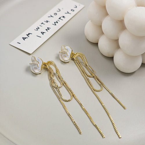 Elegant French Vintage White Enamel Camellia Flower Long Gold Chain Tassel Two-Way Stud Earrings