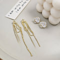 Elegant French Vintage White Enamel Camellia Flower Long Gold Chain Tassel Two-Way Stud Earrings view 3