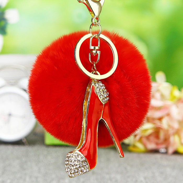 Crystal High Heel Keychains with Faux Fur Pompoms in Three Colors