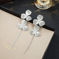 Elegant Silver Alloy Flower Zircon Stud Long Tassel Drop Earrings For Women Statement Luxury Earrings view 1