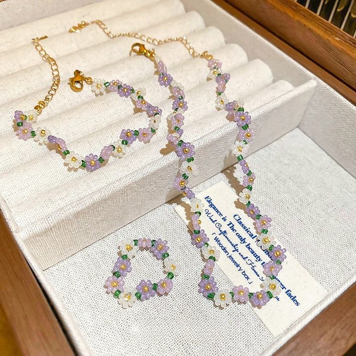 Fresh Pastoral Stainless Steel Rice Bead Flower Necklace Bracelet Ring Jewelry Set