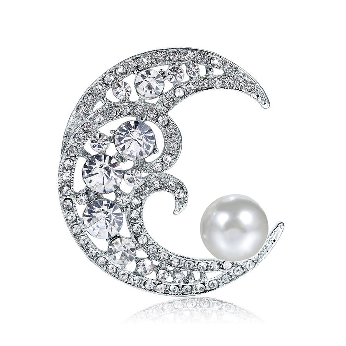 Silver Tone Moon Pearl Look Metal Brooch Pin for Jackets and Lapels
